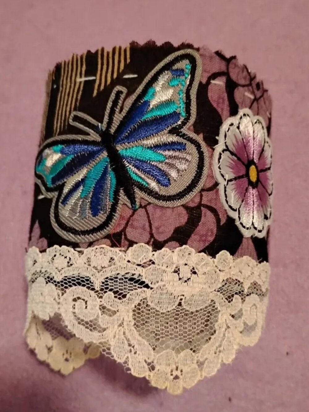 Kantha Boho Bracelet Butterfly Flower Lace Purple Black Handmade New KBB2.